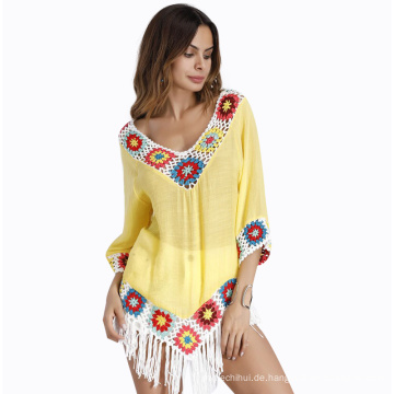 Bohemian Stil Kleidung Pareo Sommer Schal Strand tragen Slub Baumwolle süchtig Blume Quasten Strand Pareo